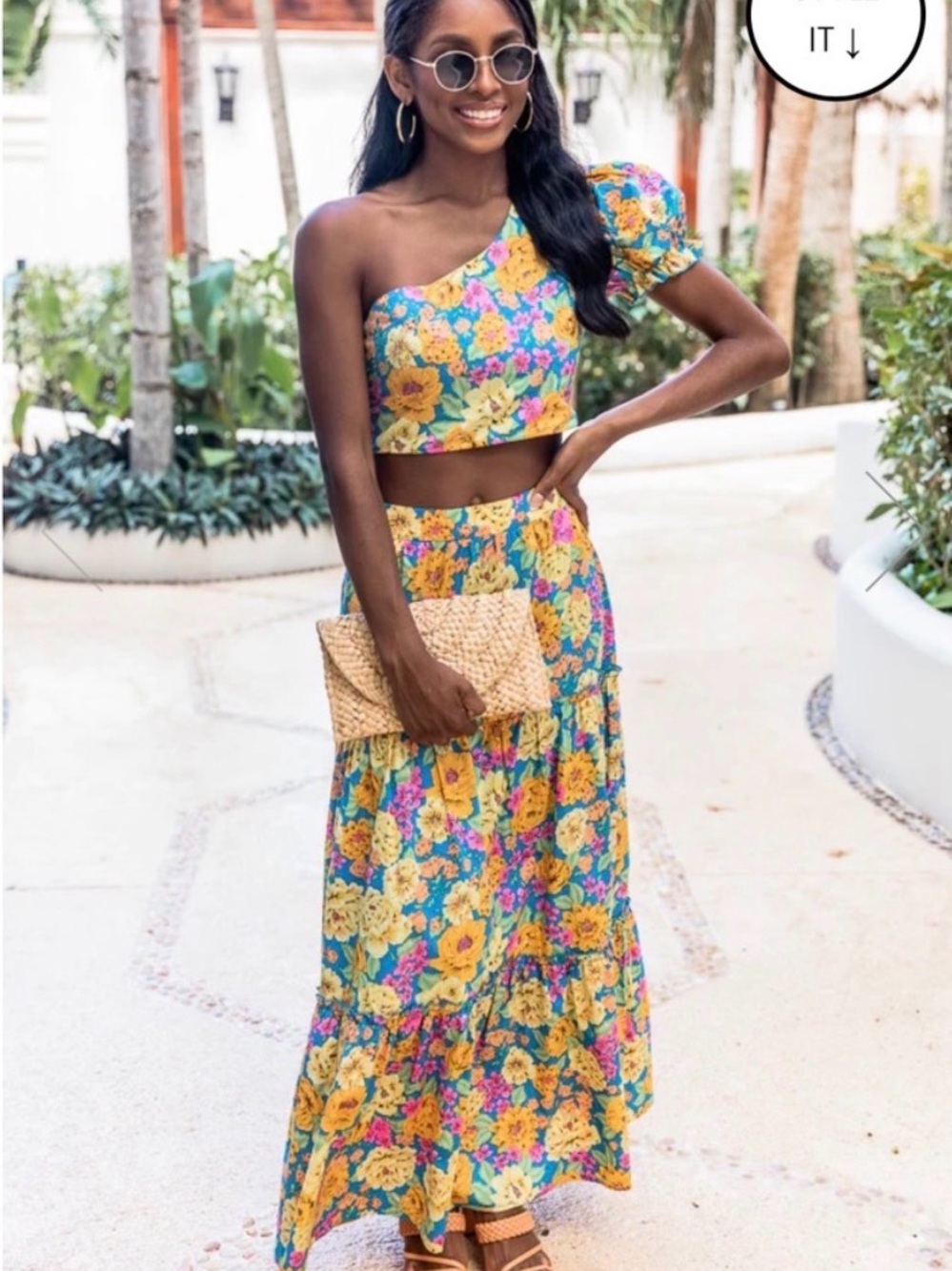 Pink Lily Yellow & Blue Floral One-Shoulder Maxi Set